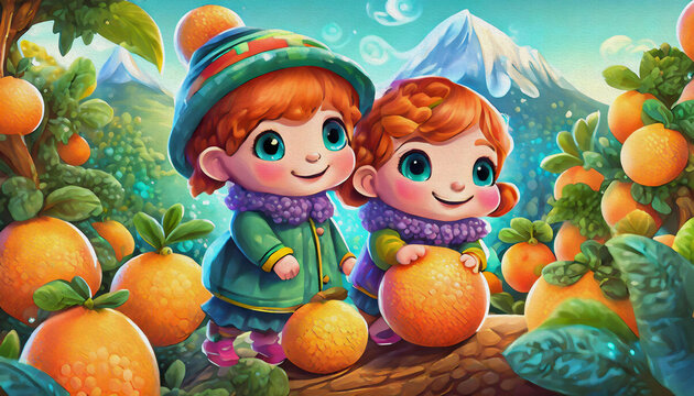 oil painting style CARTOON CHARACTER CUTE BABY Children Exploring a oranges Patch on a Chilly Autumn Day