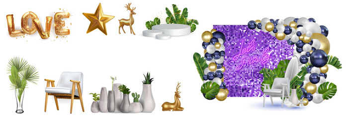 A set of holiday decoration items, golden balls, shiny background, vases with flowers, 3d scene design. - 794161226