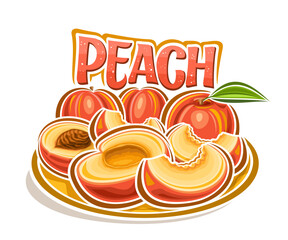 Vector logo for Peach, decorative horizontal poster with outline illustration of orange peaches composition with green leaf, cartoon design fruity print with raw yellow peach flesh on white background