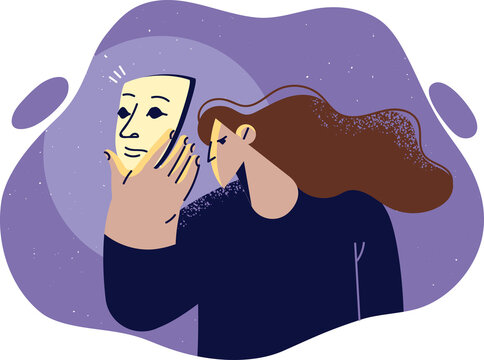 Woman puts on theatrical mask to hide true emotions and commit act of fraud against person. Girl with mask in hand experiences psychological problems with self-identification and impostor syndrome