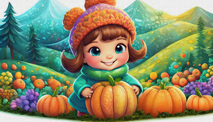 Fototapeta na wymiar oil painting day CARTOON CHARACTER CUTE BABY Joyful Children Exploring a Pumpkin Patch on a Chilly Autumn Day,