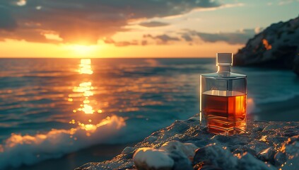  a bottle of whiskey on the rocks with sea and sunset in background