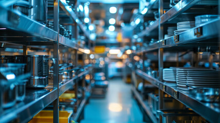 Fototapeta premium Warehouse aisle with metal shelves and goods
