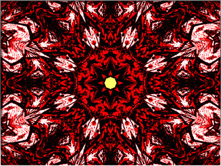 Abstract, red and black symmetrical pattern 
with a central yellow starburst motif, with Intricate shapes and lines, within a border