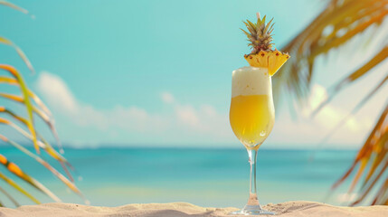 Tropical pina colada cocktail with pineapple garnish on a sunny beach - obrazy, fototapety, plakaty