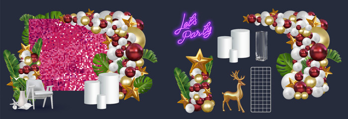 The festive background with sequins sparkles with a pink 3D banner with greetings and balloons. Holiday decor items ,neon sign,podium,grid.