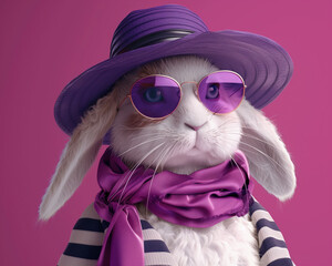Chic bunny in purple hat and shades, springtime elegance