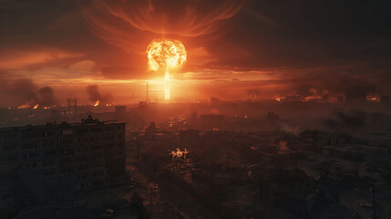A cityscape with a large explosion in the sky. The sky is filled with smoke and the city is in ruins. Scene is one of destruction and chaos