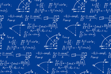 Vintage education background. Geometry law theory and mathematical formula equation on whiteboard. Vector hand-drawn illustration. Blueprint.