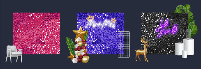 The festive background with sequins sparkles with a pink 3D banner with greetings and balloons. Holiday decor items ,neon sign,podium,grid.