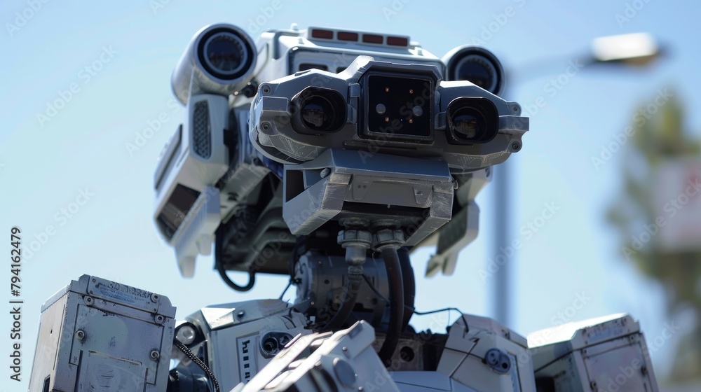 Poster a riot control robot surveys the scene from above its bright infrared cameras and thermal sensors al