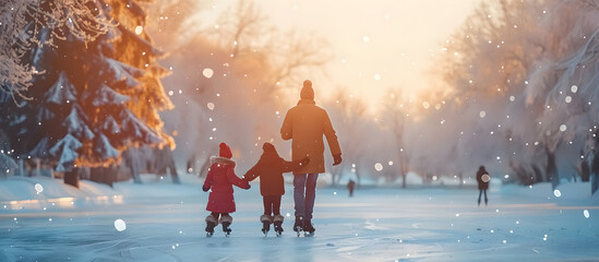 A family playing at the skating rink in winter, with copy space for adding text.