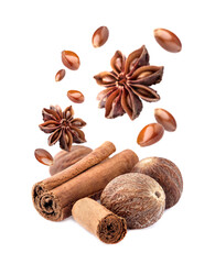 Cinnamon and nutmeg on white background. Spices isolated.