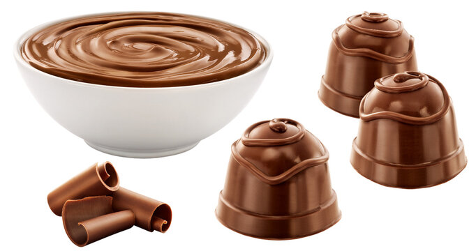 bombom de chocolate ao leite e pote de creme de chocolate derretido isolado em fundo transparente