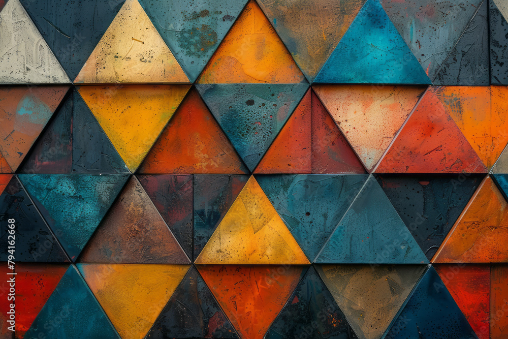 Fototapete a series of paintings where triangular patterns are arranged in such a way that they create a three-