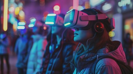 A scene of individuals wearing virtual reality headsets highlighting the governments use of technology for propaganda and indoctrination. .