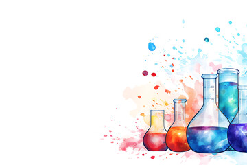 A vivid watercolor backdrop with laboratory glassware and a molecular structure, embodying scientific exploration. Generative AI