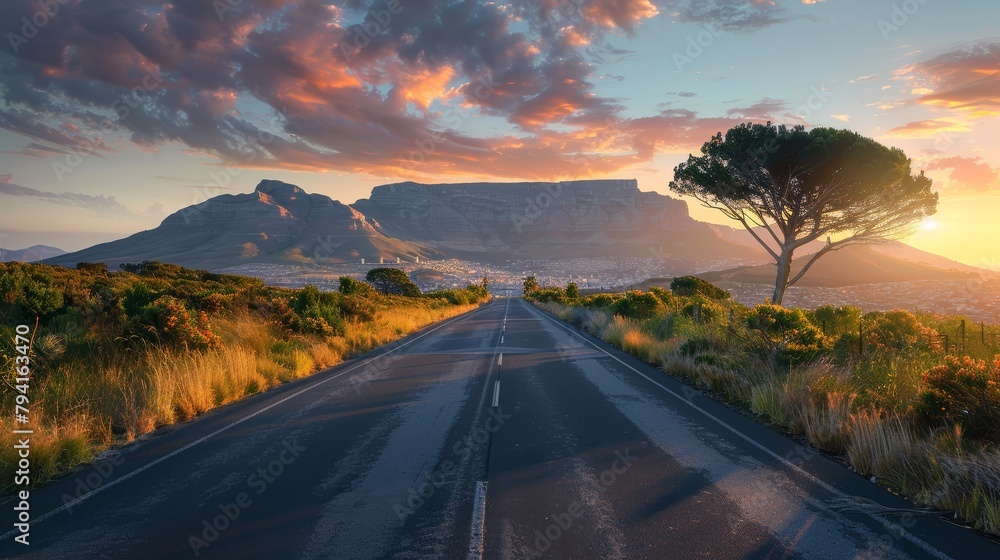 Poster a road with a tree on the side and a mountain in the background. the sky is orange and the sun is se
