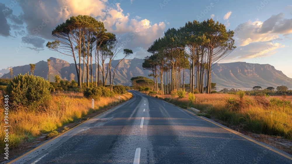 Poster A road with trees on both sides and a mountain in the background. The road is empty and the sky is cloudy