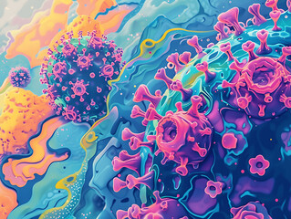 A close up of a virus with red and gray spikes. The virus is surrounded by a grayish-red color