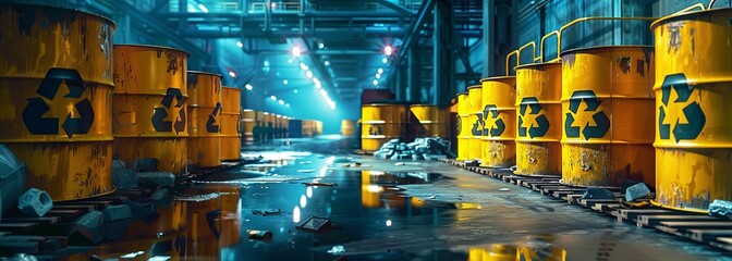 Industrial warehouse with hazardous material containers at dusk