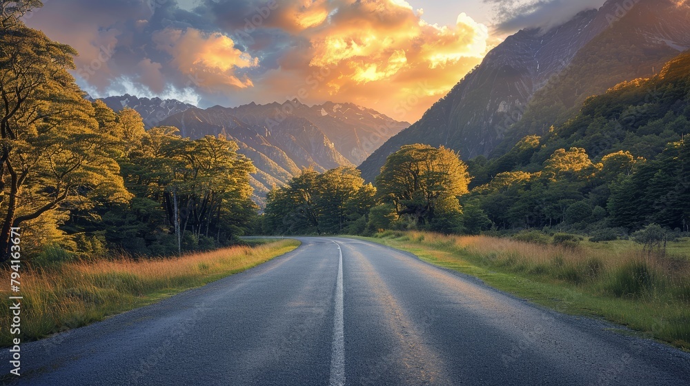 Poster a road with a beautiful mountain range in the background. the sun is setting, casting a warm glow ov