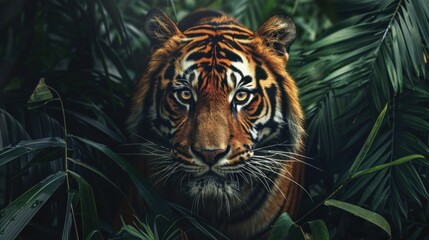 A tiger is staring at the camera in the jungle.