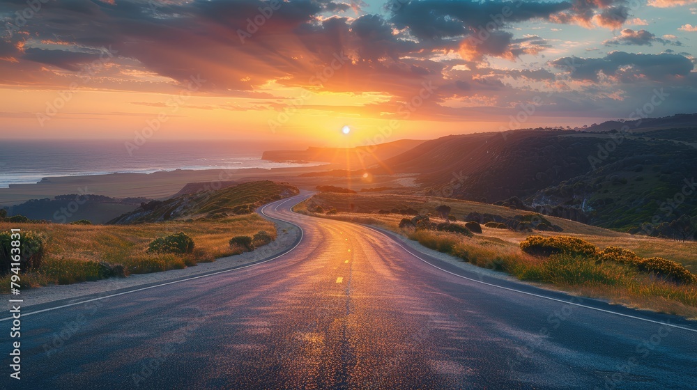 Poster a road with a sunset in the background. the road is empty and the sky is cloudy. the sun is setting 