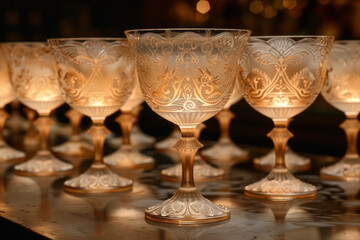 A set of drinking glasses etched with patterns from the roaring 1920s, but each glass houses a minia