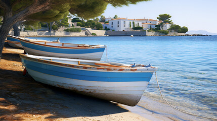 Fototapeta na wymiar boats are standing on the bank of a river nature landscape scenery blue water background