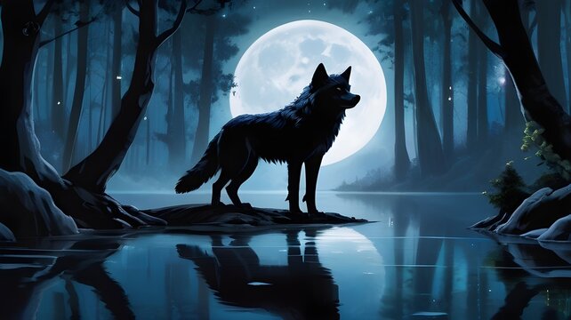  a mesmerizing nocturnal tableau featuring a sleek black wolf poised at a tranquil pond nestled within an enchanted forest
