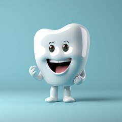 Cartoon tooth character standing on blue background. 3D. Dental Concept with Copy Space.