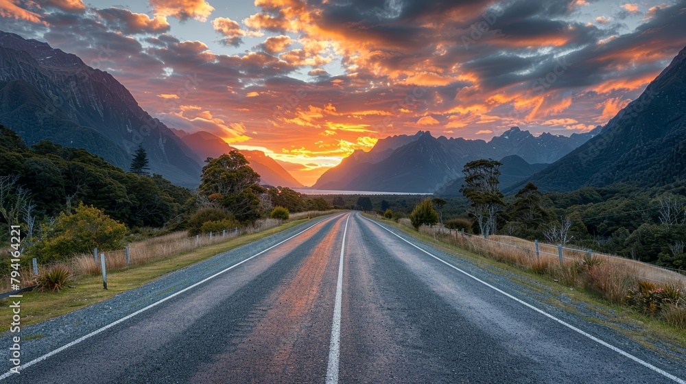 Poster a road with a sunset in the background. the sky is cloudy and the sun is setting. the road is empty 