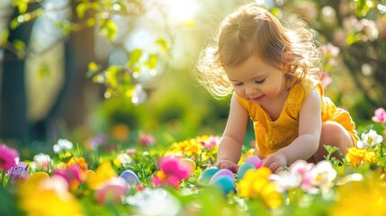 Cute little girl with blonde curly hair kneels in a field of flowers and picks up an Easter egg.