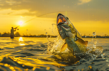 A big fish leaps out of the water at sunset, with an angler in the background - an epic moment of sport fishing. - 794164245