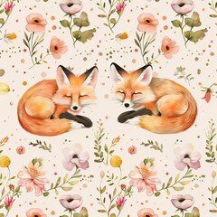 Fototapeta premium Lovely, pretty pattern of foxes and flowers, leaves. For fabric, silk, printing.