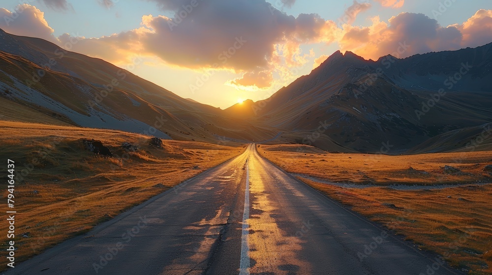 Aufkleber a road with a sunset in the background. the road is empty and the sky is cloudy
