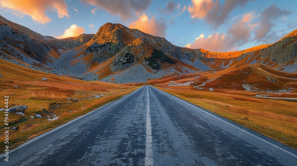 Poster a road with a sunset in the background. the road is empty and mountain with sky is cloudy