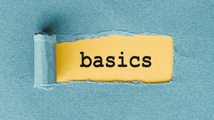 The word Basics appearing behind torn blue paper. Education concept. - obrazy, fototapety, plakaty