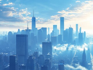 A city skyline with a blue sky and a few clouds. The city is in the middle of a foggy day - obrazy, fototapety, plakaty