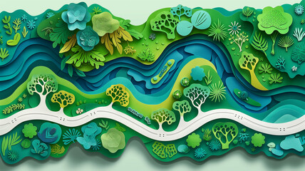 A paper cutout of a river with trees and a boat