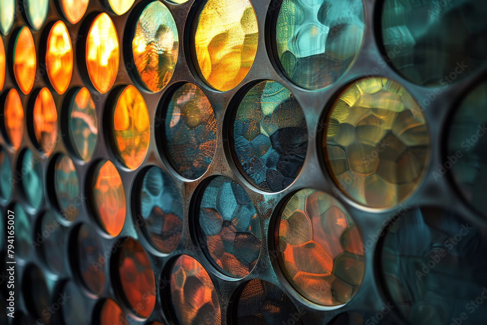 Poster a wall tapestry featuring a grid of perfect circles that gradually distort into ovals, creating a se