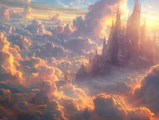  A beautiful, colorful sky with a castle in the distance. The castle is surrounded by clouds and the sky is filled with a warm, orange glow © MaxK