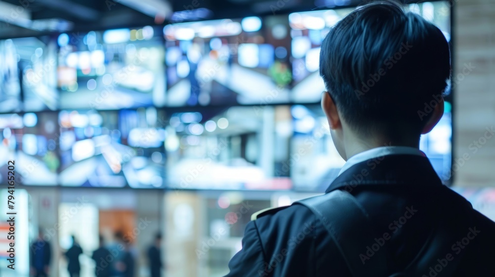 Poster a security guard monitoring a live feed of different access points in a building. .