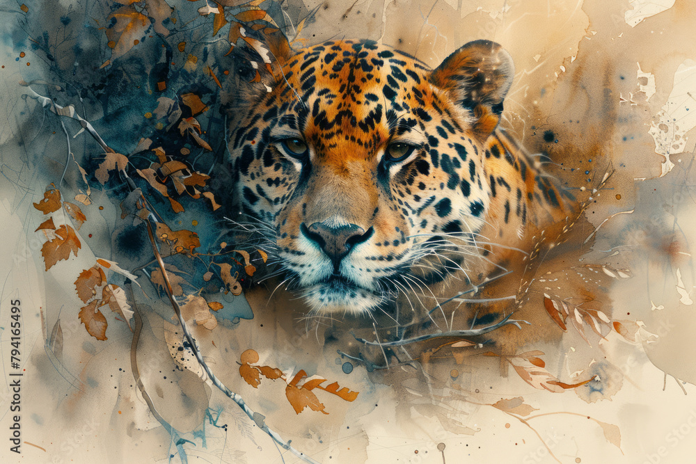 Poster a wildlife painting using the granulation technique to create textured fur and feathers with waterco