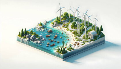 3D Icon: Coastal Harmony - A Serene Coastal Scene with Wind Turbines and Wildlife in Zero Waste Set
