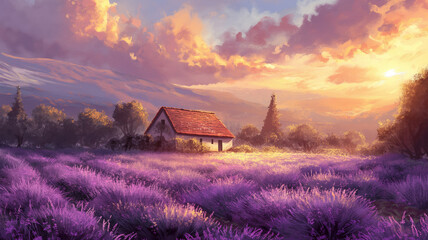 A painting of a house in a field of lavender - obrazy, fototapety, plakaty
