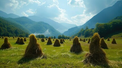 Hay stacks are scattered across a picturesque mountain valley in the Carpathian mountains
