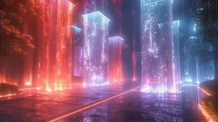 Futuristic Tunnel with Neon Glow and Abstract Pink Columns, Sci-Fi Corridor in Virtual Reality