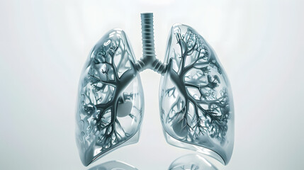 lungs from glass in shape of kidney at large distance shot Wide angle white background - obrazy, fototapety, plakaty